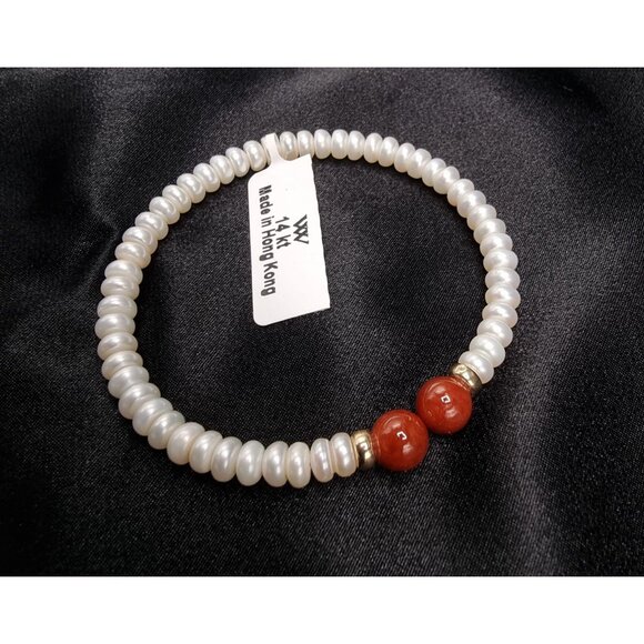 14K Freshwater Pearl & Carnelian Bracelet - Picture 1 of 5